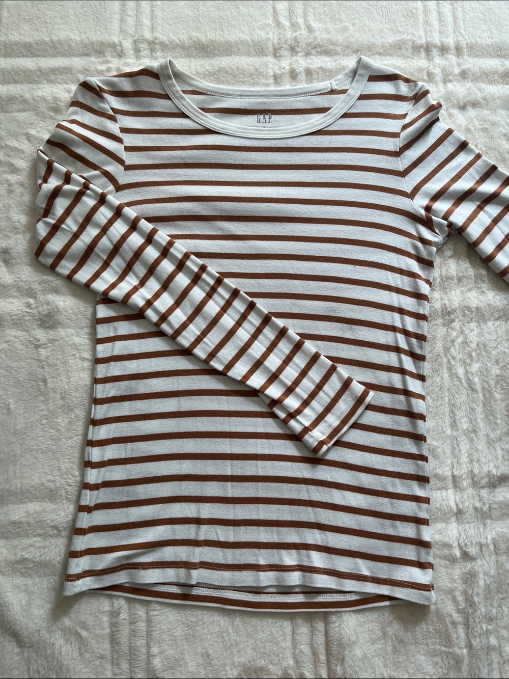 GAP Favorite T White and Brown Striped Long Sleeve Tee